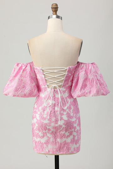 Vestido de regreso a casa floral rosa con hombros descubiertos y mangas desmontables